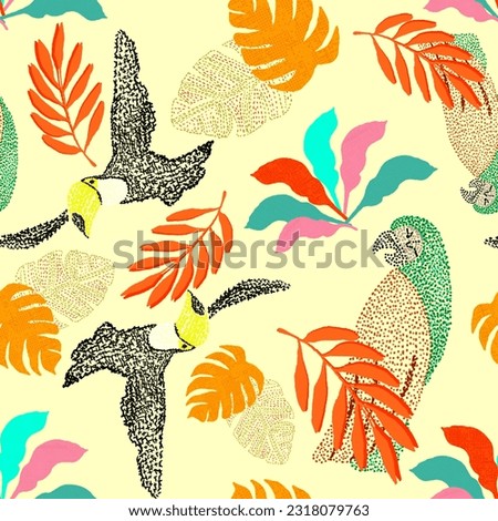 Children's print elaborated with pointillism. Foliage, toucan and parrot. Imagine de stoc © 