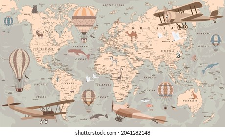 childrens retro world map with balloons and animals  for digital printing wallpaper, custom design wallpaper