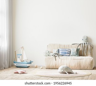 Children's room with bed and soft toys, white wall mock up in kids room interior, 3d rendering