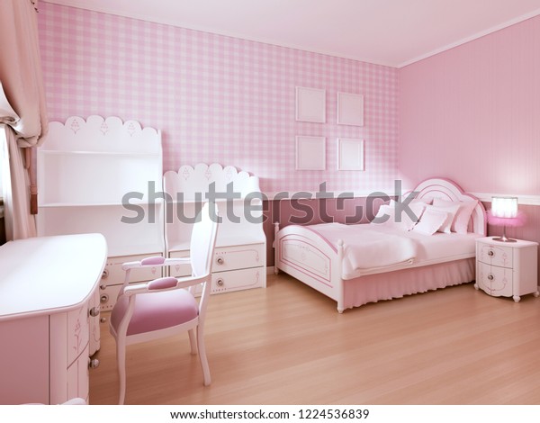 明るいピンク色と白い家具のクラシックスタイルの女の子用の子ども部屋 3dレンダリング のイラスト素材