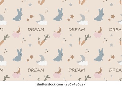 Children's seamless pattern. Background with a rabbit and a month. Cute and pastel. Vector illustration	
