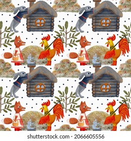 Children's Seamless Pattern Based On A Russian Folk Tale About A Bast Hut, A Hare, A Cunning Fox And A Brave Rooster