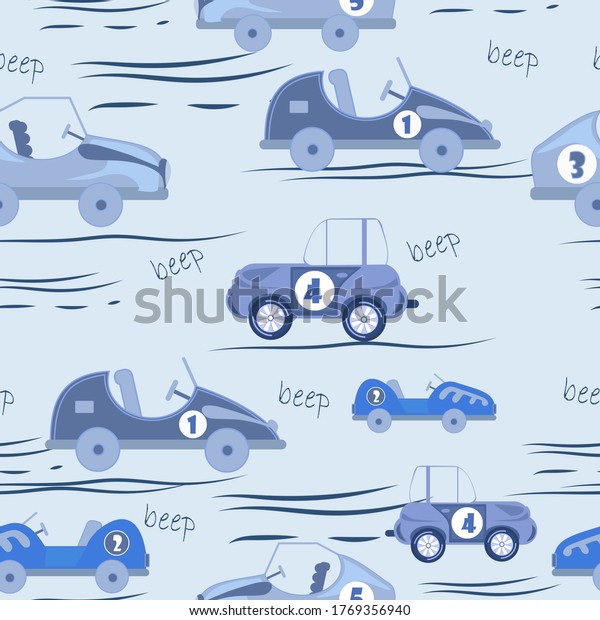 children\'s sports, racing\
cars with drawings on a blue background for printing on fabric and\
wrapping\
paper