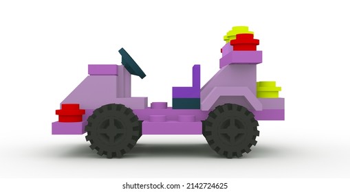 Children's Toy Car Made Of Blocks Isolated On A White Background. 3d Illustration.