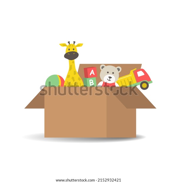 Children\'s toys in a cardboard box. There is\
a teddy bear, a truck, a ball, cubes and a giraffe in the picture.\
Raster\
illustration