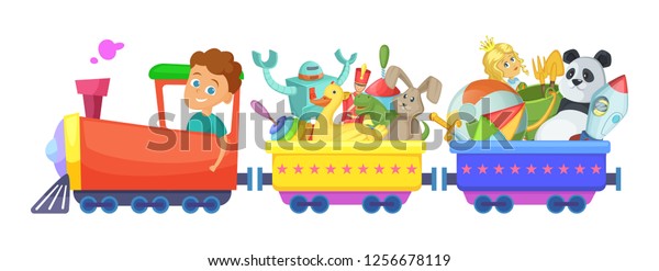 Childrens toys in train. cartoon illustrations\
isolate on\
white