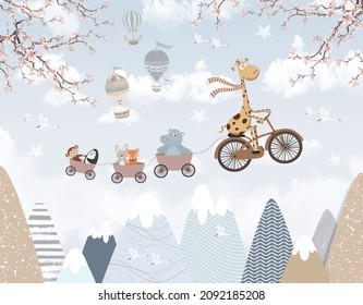 childrens wallpaper animals on a bicycle on a background of mountains for digital printing wallpaper, custom design wallpaper