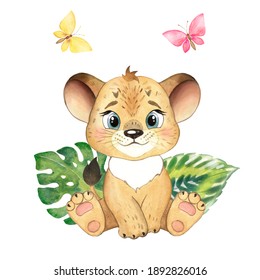 Childrens Watercolor Illustration With Little Lion Cub, Cartoon Character, Lion, African Animal, Cheerful Lion Cub
