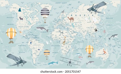 childrens world map with animals, balloons and airplanes for digital printing wallpaper, custom design wallpaper