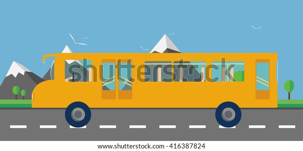 Children's  yellow bus rides on
tour