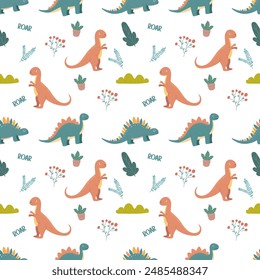 childres pattern with dinosaurs, plants and the word "ROAR" on a white background, ideal for children's clothing and accessories. - Powered by Shutterstock