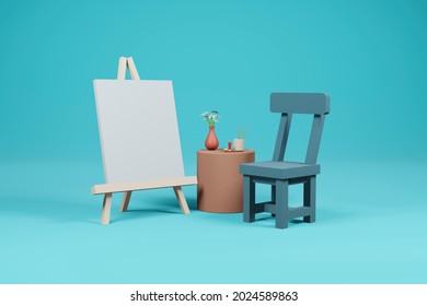 Child's Art Studio, Creative Workshop Room For Children, Canvas On Easel. 3d Rendering.