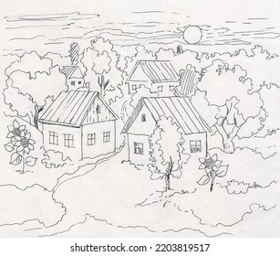 Child's Ballpoint Pen Drawing Of A Village