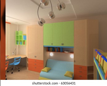 Child`s Bedroom Interior With Colorful Furniture, Gym And Desk With Laptop