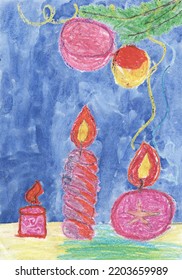 Child's Drawing Of Burning Candles And Christmas Balls On The Branches