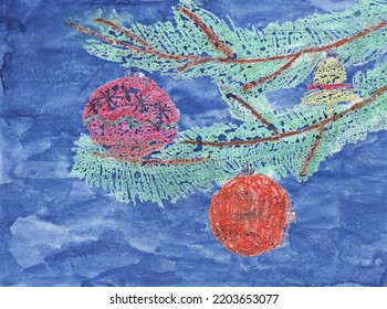 Child's Drawing Of Christmas Balls On The Branches