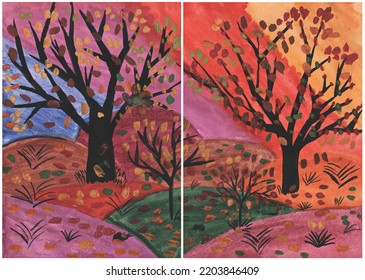 Child's Drawing Of A Diptych - Autumn Landscape