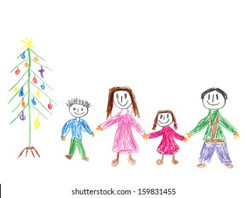 Child's Drawing Of A Family In Front Of Christmas Tree. 