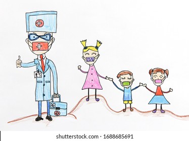 Child's drawing, family in medical mask is quarantined. Epidemic. Coronavirus. Protecting people from the virus.   - Powered by Shutterstock