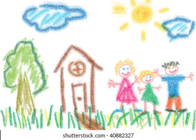 Child's drawing family   their house  Simple crayon drawing style 