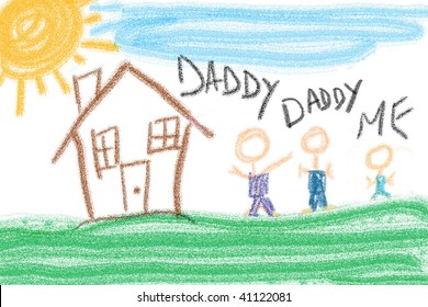 Child's Drawing Of Family Unit Outside House. Two Fathers And One Child.