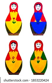 Child's Drawing Of Four Isolated Matryoshkas - Three Ones With Smiles And Fourth One Is Sad And Angry (gouache, Jpeg) 