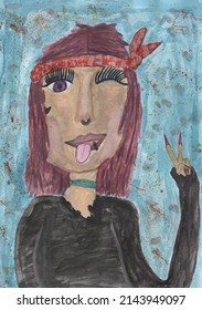 Child's Drawing Of A Girl With A Bandage On Her Forehead And Tongue Out