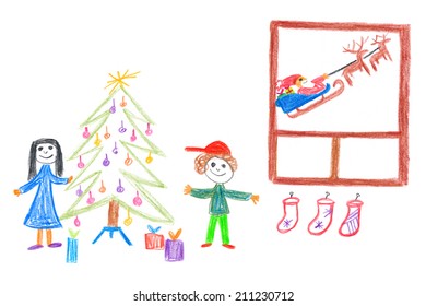 Child's drawing happy Christmas  Kids under Christmas tree  Santa Claus in window is leaving house 