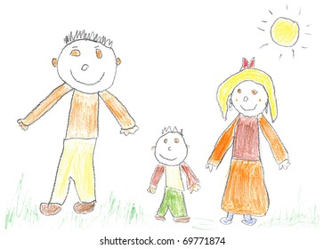 Child's drawing happy family  Father  mother   son 