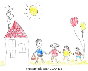 Child's drawing happy family  Father  mother  daughter  son   their home 