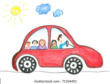 Child's drawing happy family the car trip  Father  mother  two daughters   son 