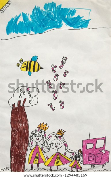 Child\'s drawing : happy\
princesses with gold crown play near a tree and a pink car.\
Childhood\
concept