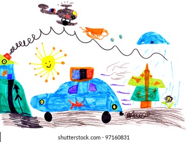 Child's Drawing. Police Car And Helicopter