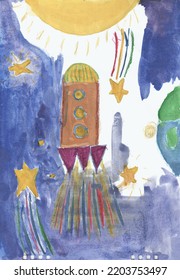 Child's Drawing Of A Rocket Taking Off Into Space