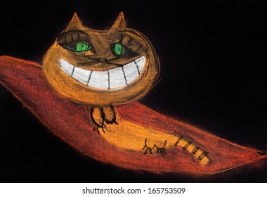 child's drawing    smiling cat flying carpet