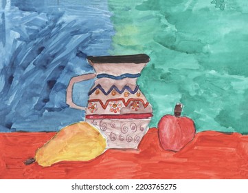 Child's drawing    Still life and pear  apple   jug