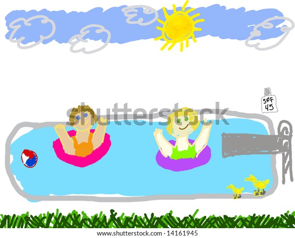 Childs Drawing Summer Swimming Pool Party Stock Illustration 14161945