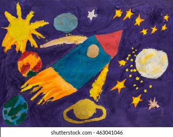 Child's Drawing Of The Universe. The Rocket Flies Into Space To The Stars And The Sun. Painting Colors