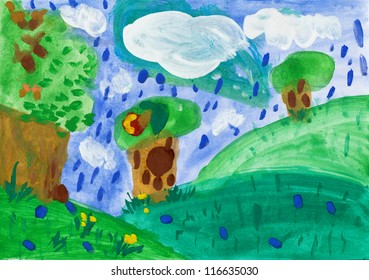 Child's Drawing Watercolor. Green Hill Landscape With Trees And Rain