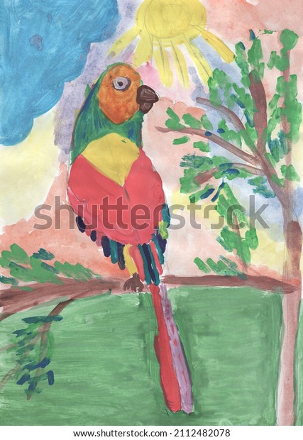 Child's gouache drawing of a parrot sitting on a tree branch