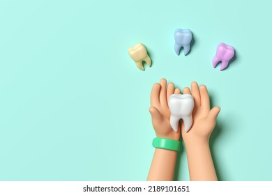 Child's hands holding big white tooth and colored teeth around on blue background. Healty care teeth concept. Top view, flat lay. Copy space for your text. 3d render
 - Powered by Shutterstock