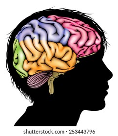 A childs head in silhouette with a sectioned brain. Concept for child mental, psychological development, brain development, learning and education or other medical theme