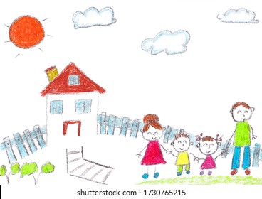 Child's Simple Drawing Of Their Family With A White Background