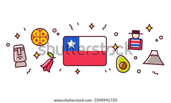 チリのバナーデザインエレメント 伝統的な記号と記号で囲まれたチリの国旗 クリップアートイラスト かわいい漫画 のイラスト素材