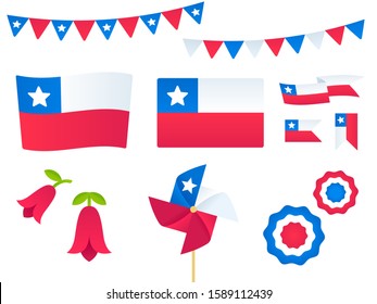 Chile design elements set. Flags, ribbons, pinwheels, rosettes, national flower Copihue. Fiestas Patrias (Dieciocho), Chilean Independence Day.