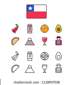 Chile icons set. Traditional Chilean national symbols. 2 styles, colored cartoon line icons and black outlines.