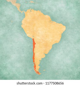 Chile On The Map Of South America In Soft Grunge And Vintage Style, Like Old Paper With Watercolor Painting. 