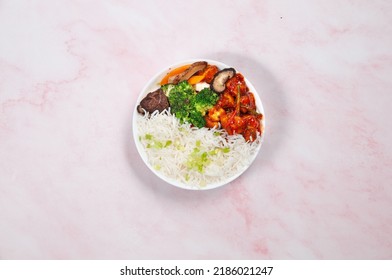 Chili Paneer Bowl With Rice Served In A Bowl On Grey Background Top View Of Fastfood