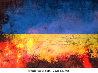 Chilling Ukraine Country Flag Burning, War Russia And Ukraine, Illustration With Modernism Art. Tensions And Conflict Grunge Painting, Distinctive Color. Modernism Art For Flyer