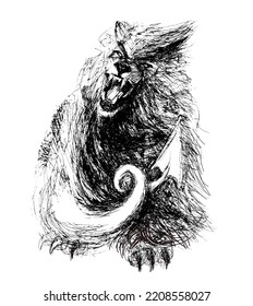 Chimera - A Mythical Animal, A Lion With A Serpentine Tail. Black And White Expressive Illustration Made With A Feather. 